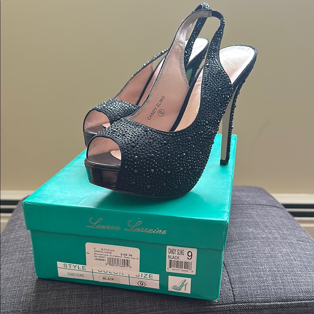 Lauren Lorraine Black Sparkle Slingback Heels